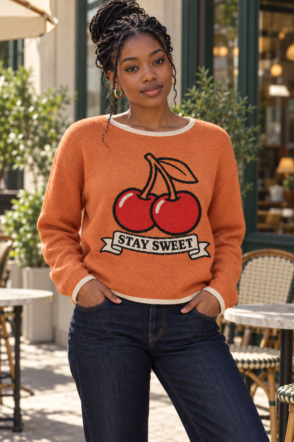 Stay Sweet Cherry Knitted Sweater – Women’s Orange Pullover | McXineWomen’s straight bottom knitted sweater