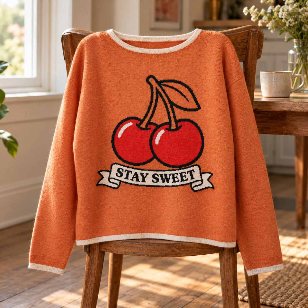Stay Sweet Cherry Knitted Sweater – Women’s Orange Pullover | McXineWomen’s straight bottom knitted sweater