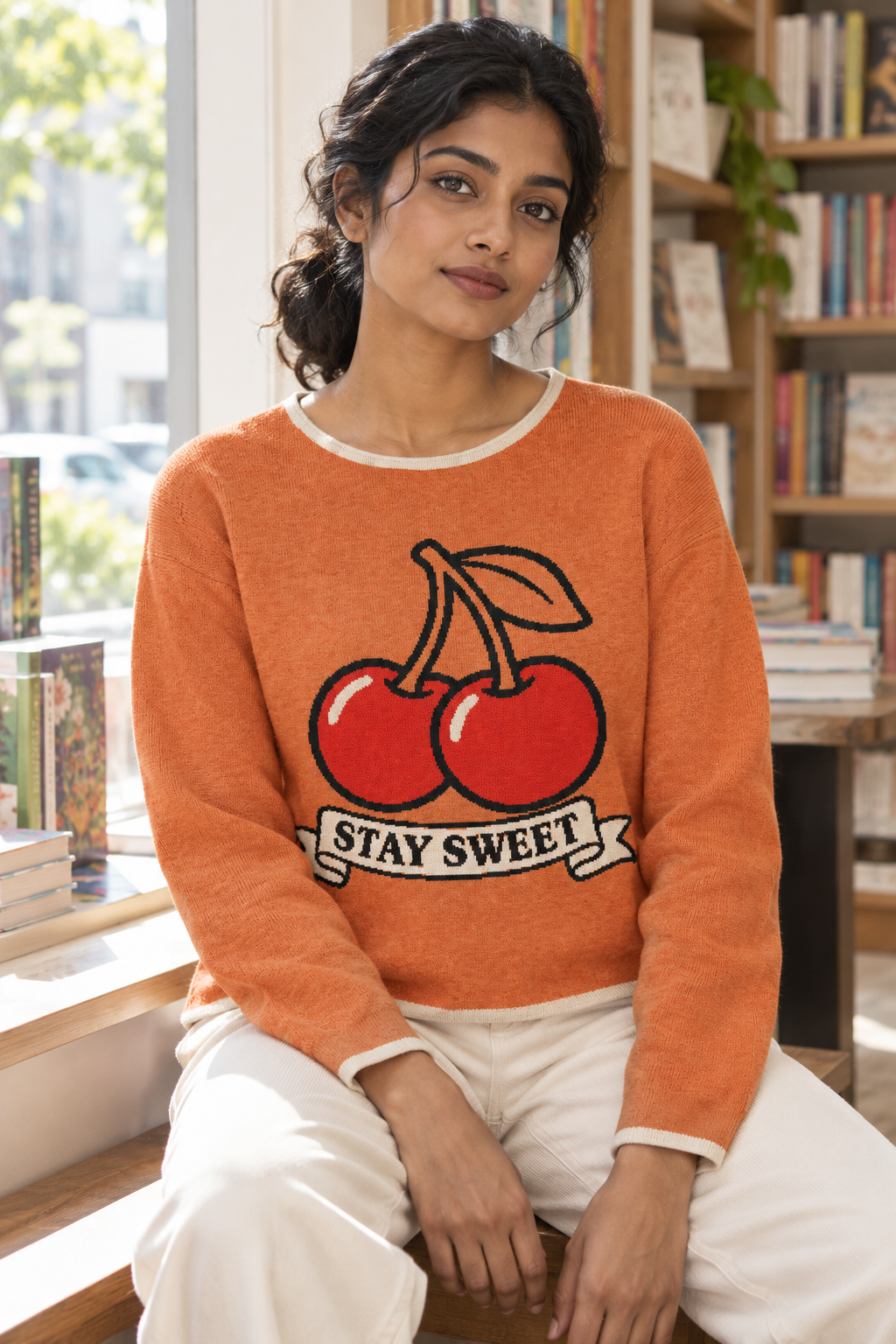 Stay Sweet Cherry Knitted Sweater – Women’s Orange Pullover | McXineWomen’s straight bottom knitted sweater
