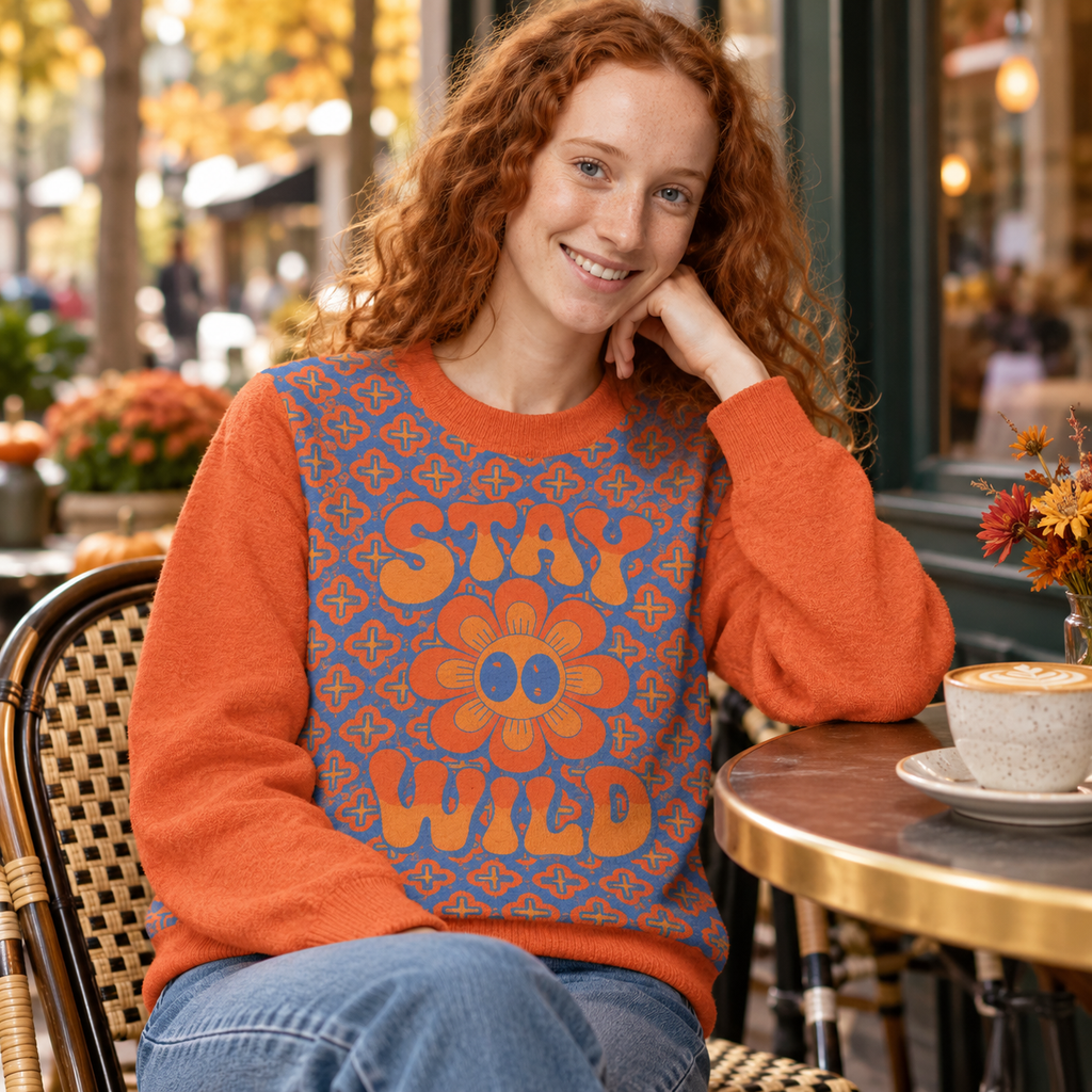 Stay Wild retro flower knitted jumper styled lifestyle photo