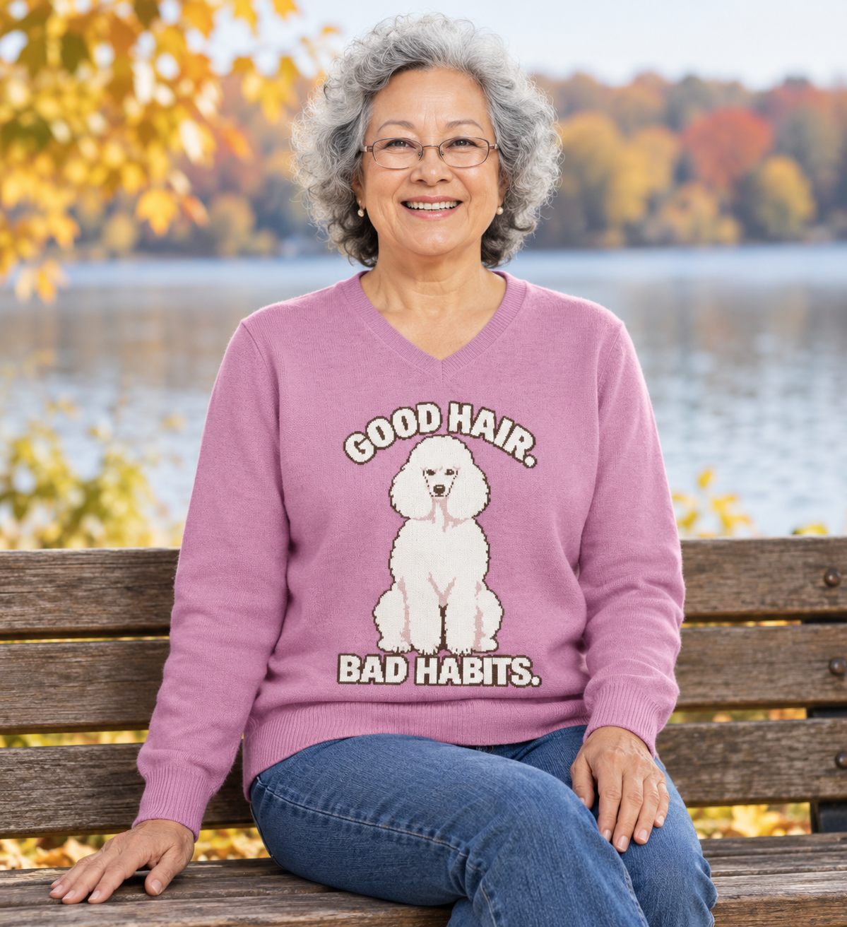 Good Hair. Bad Habits. Poodle Knitted V-Neck Jumper – Pink, Unisex