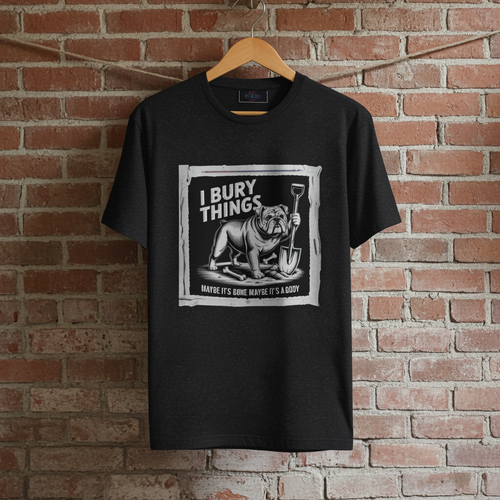 I Bury Things Bulldog Graphic Tee | Funny Dark Humour T-Shirt | Unisex Dog Lover Gift | Sarcastic Statement Tee | McXinetje
