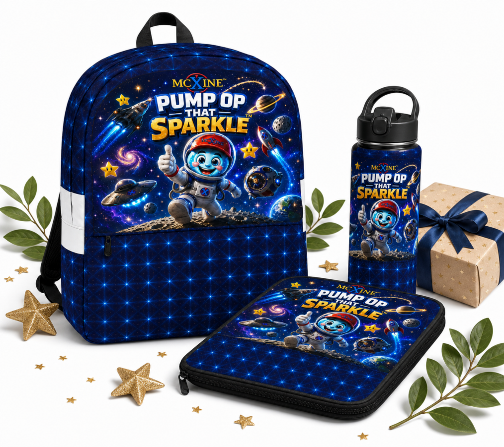 McXine® Pump Op That Sparkle matching set – backpack, water bottle and laptop sleeve with space astronaut print
