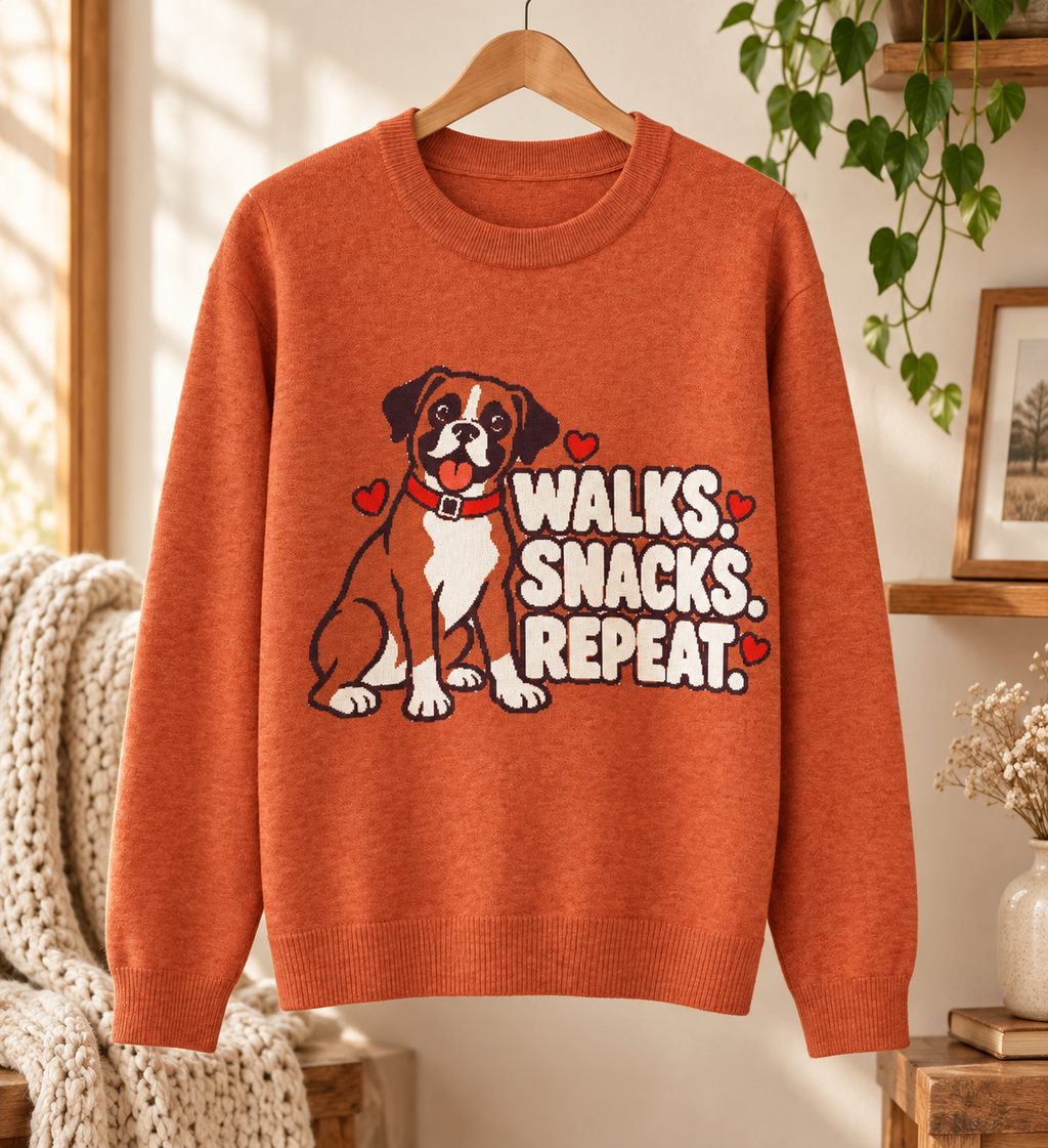 Walks. Snacks. Repeat. Boxer Dog Knitted Jumper – Orange, Unisex