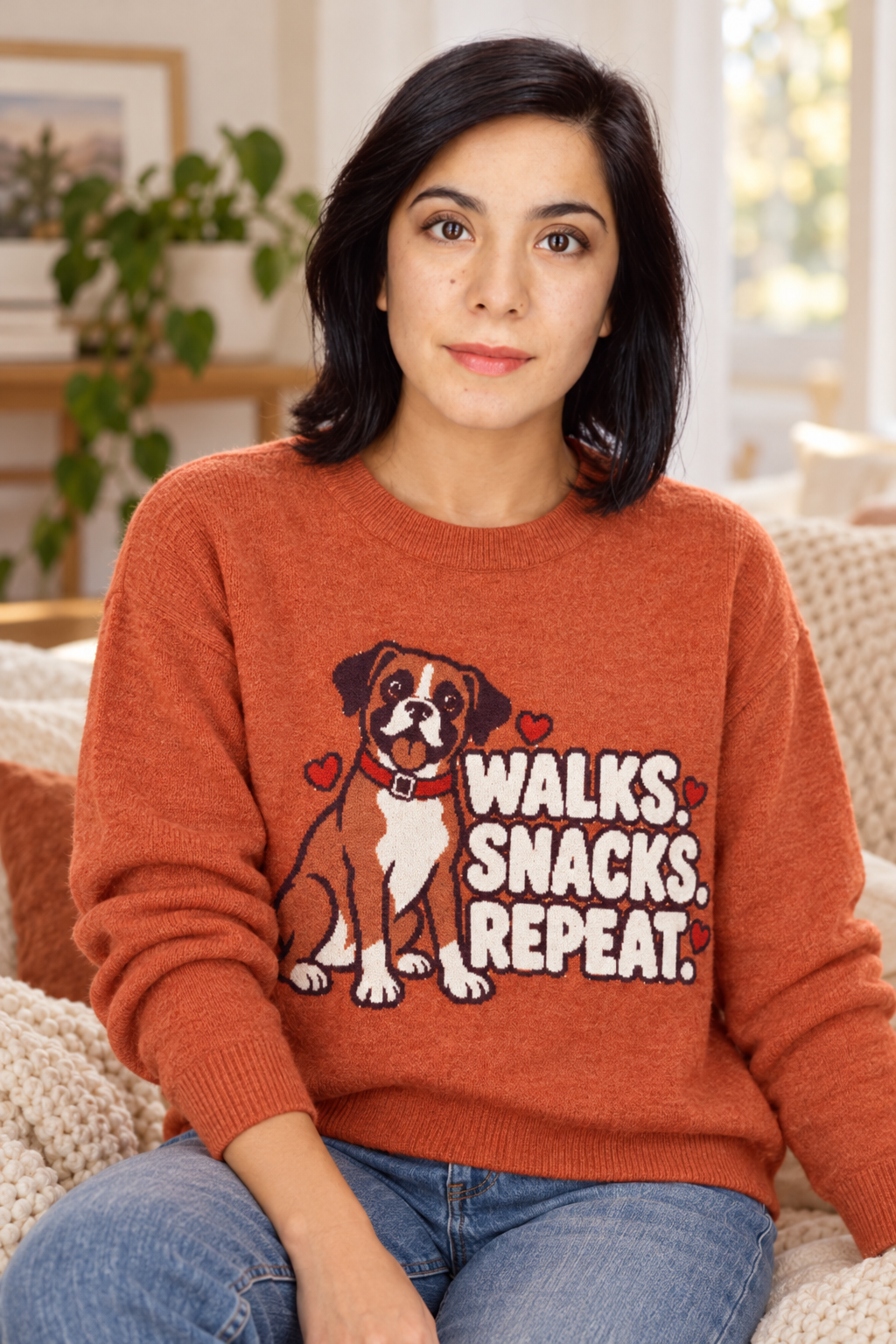 Walks. Snacks. Repeat. Boxer Dog Knitted Jumper – Orange, Unisex