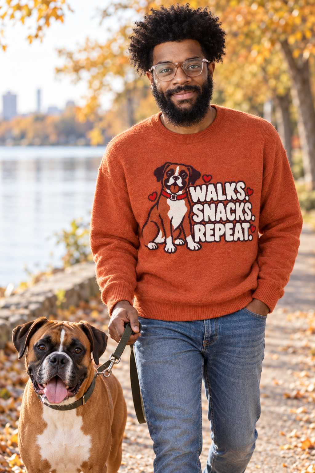Walks. Snacks. Repeat. Boxer Dog Knitted Jumper – Orange, Unisex