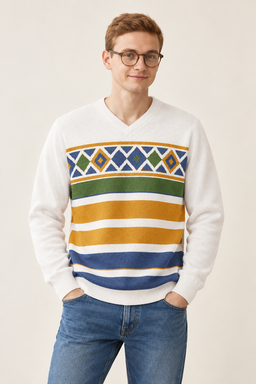 Retro Diamond Stripes Knitted V-Neck Jumper – White, Unisex