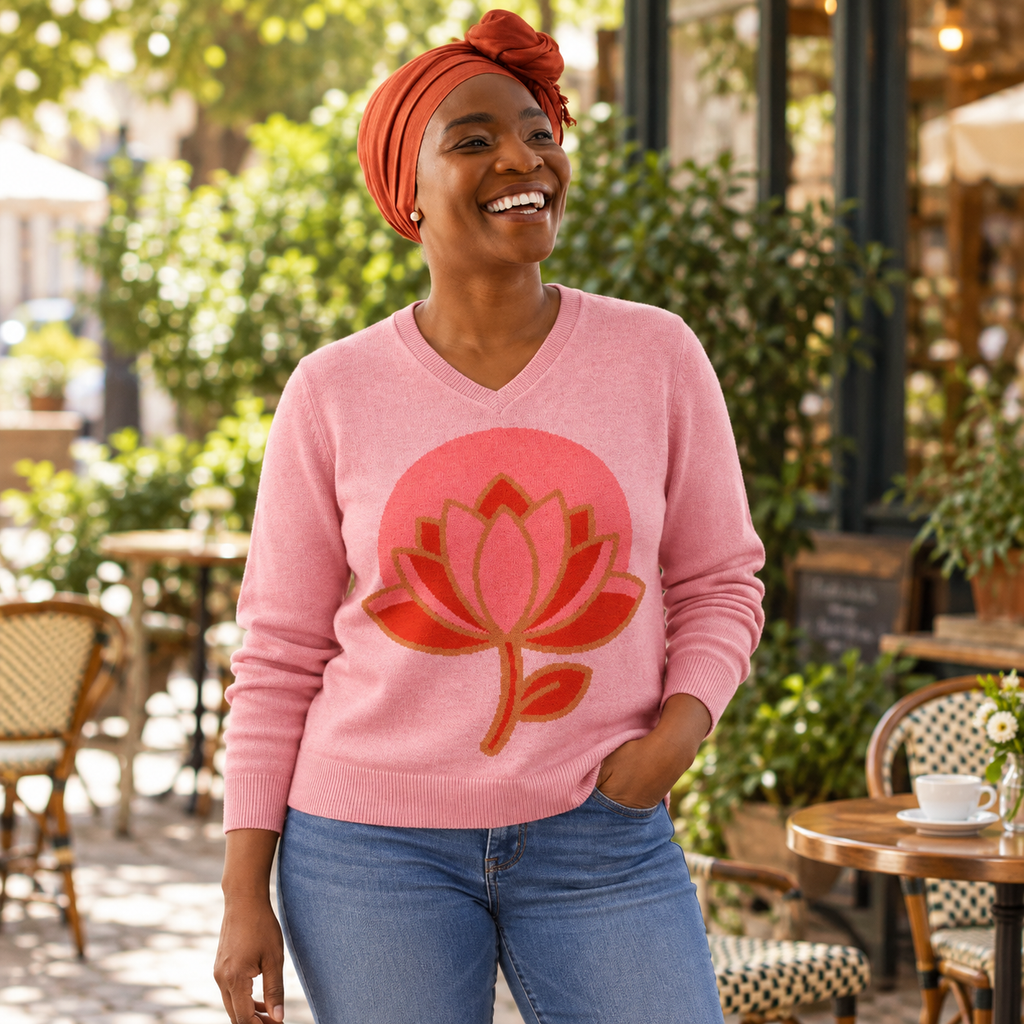 Lotus Flower Knitted V-Neck Jumper – Pink, Unisex