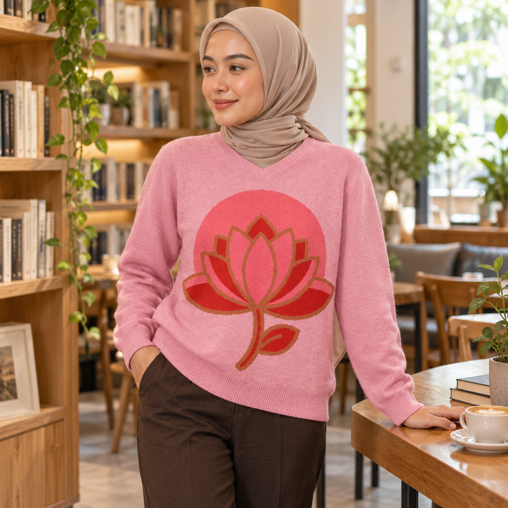 Lotus Flower Knitted V-Neck Jumper – Pink, Unisex