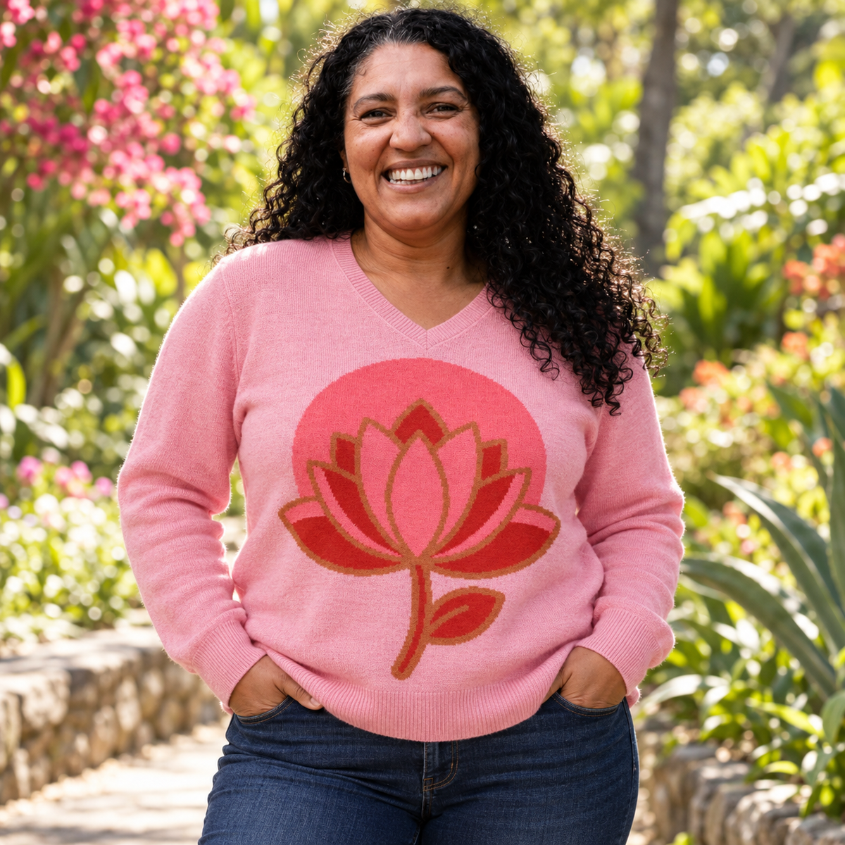 Lotus Flower Knitted V-Neck Jumper – Pink, Unisex