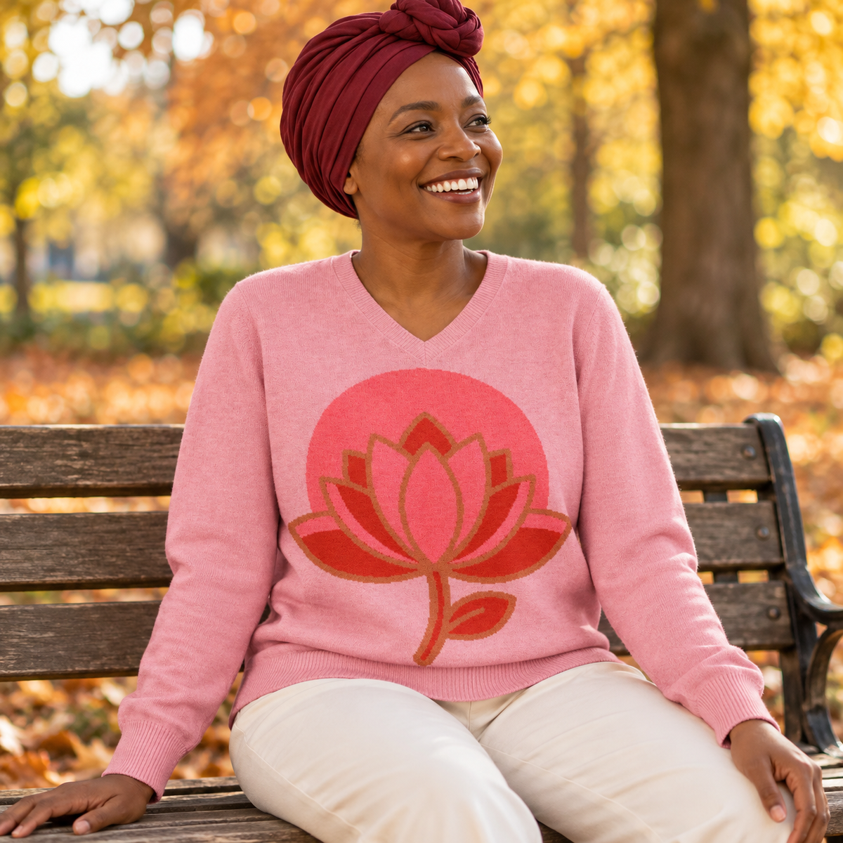 Lotus Flower Knitted V-Neck Jumper – Pink, Unisex