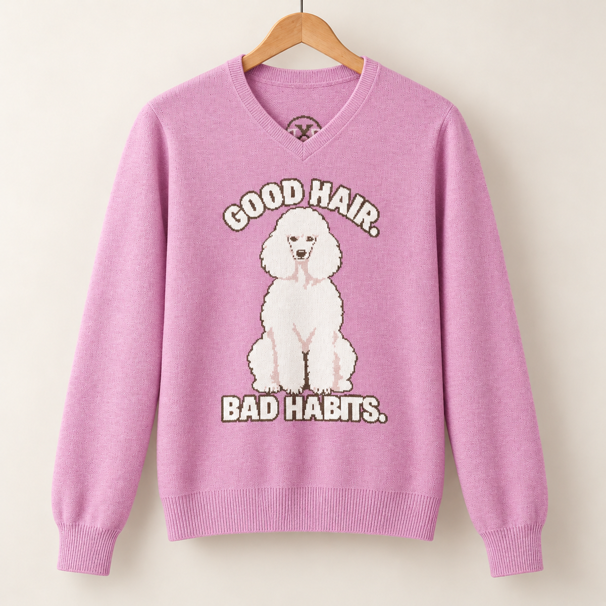 Good Hair. Bad Habits. Poodle Knitted V-Neck Jumper – Pink, Unisex