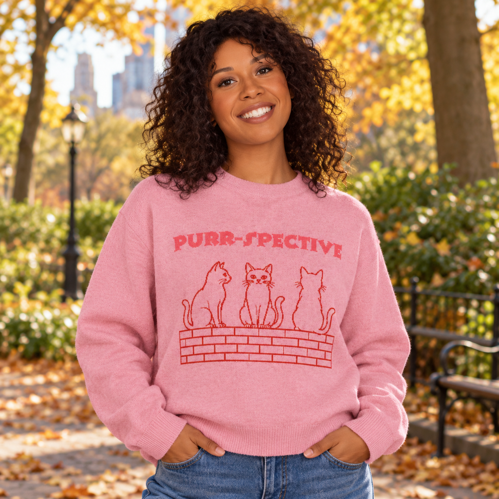 Pink Purr-spective cat jumper worn outdoors in autumn