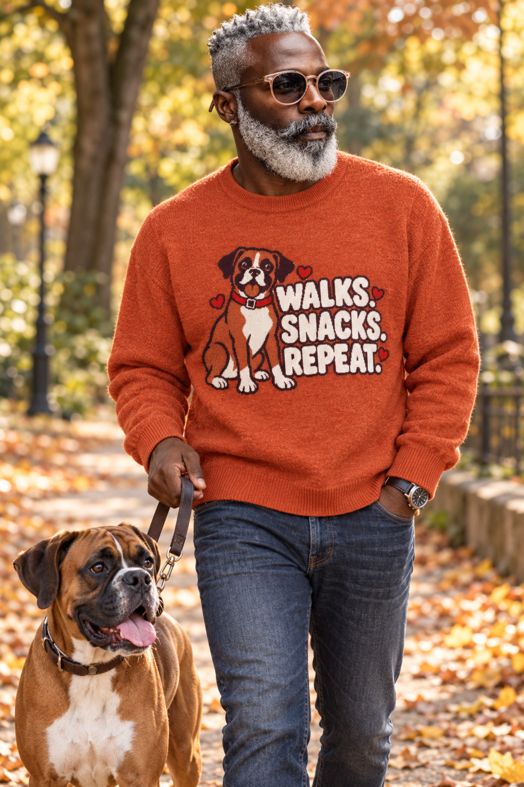 Walks. Snacks. Repeat. Boxer Dog Knitted Jumper – Orange, Unisex