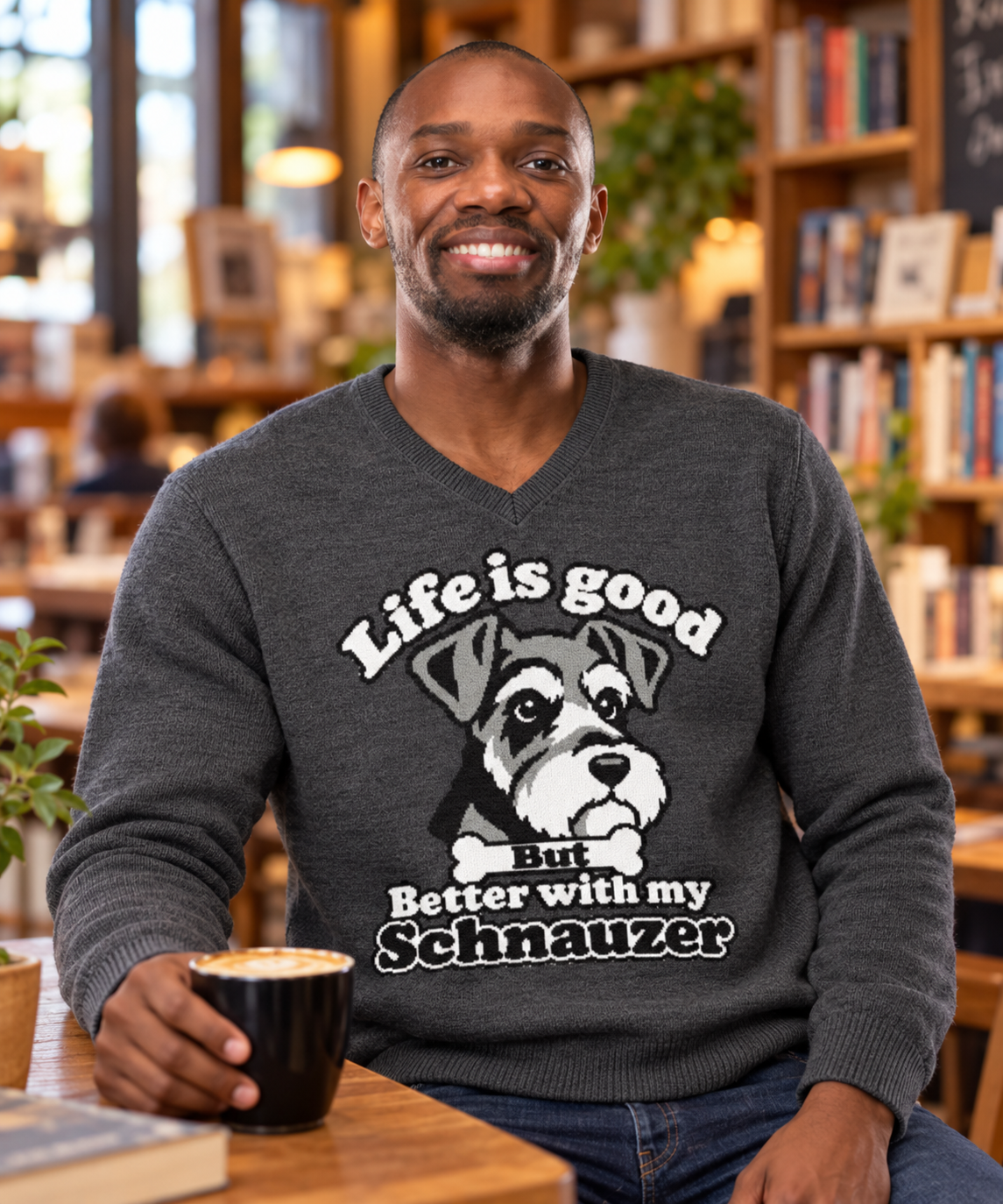 Life Is Good, But Better With My Schnauzer Knitted V-Neck Jumper – Charcoal, Unisex