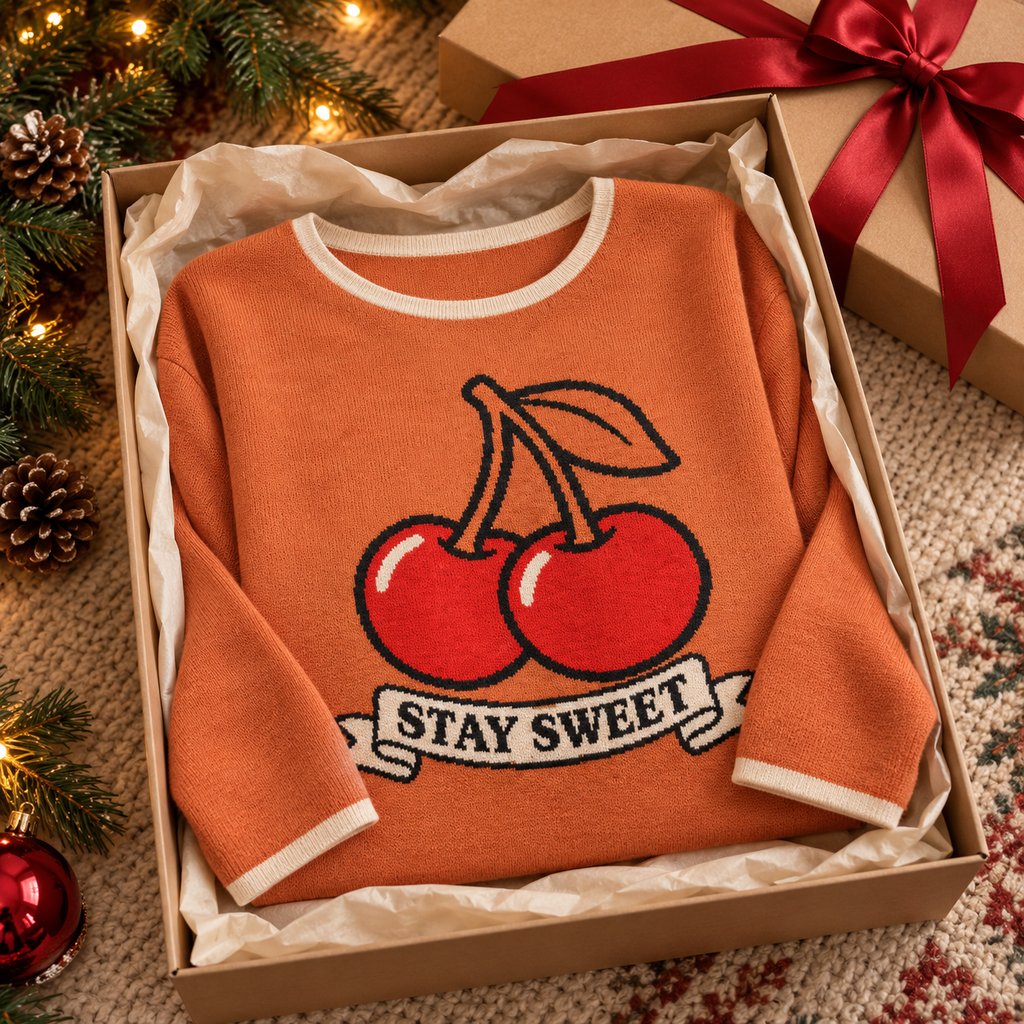 Stay Sweet Cherry Knitted Sweater – Women’s Orange Pullover | McXineWomen’s straight bottom knitted sweater
