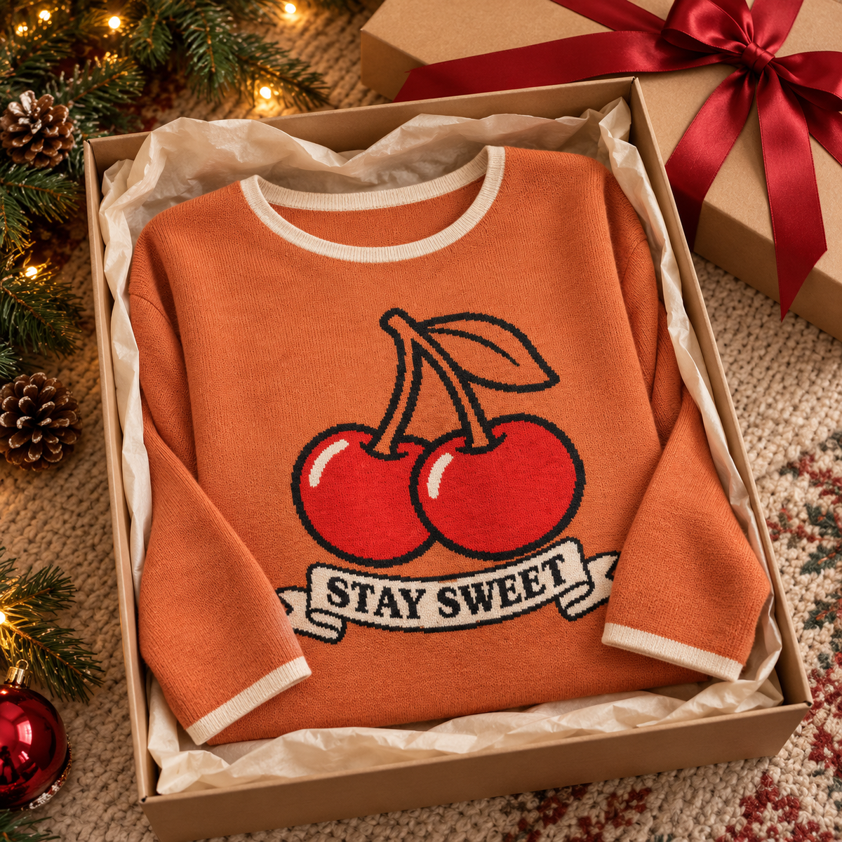 Stay Sweet Cherry Knitted Sweater – Women’s Orange Pullover | McXineWomen’s straight bottom knitted sweater