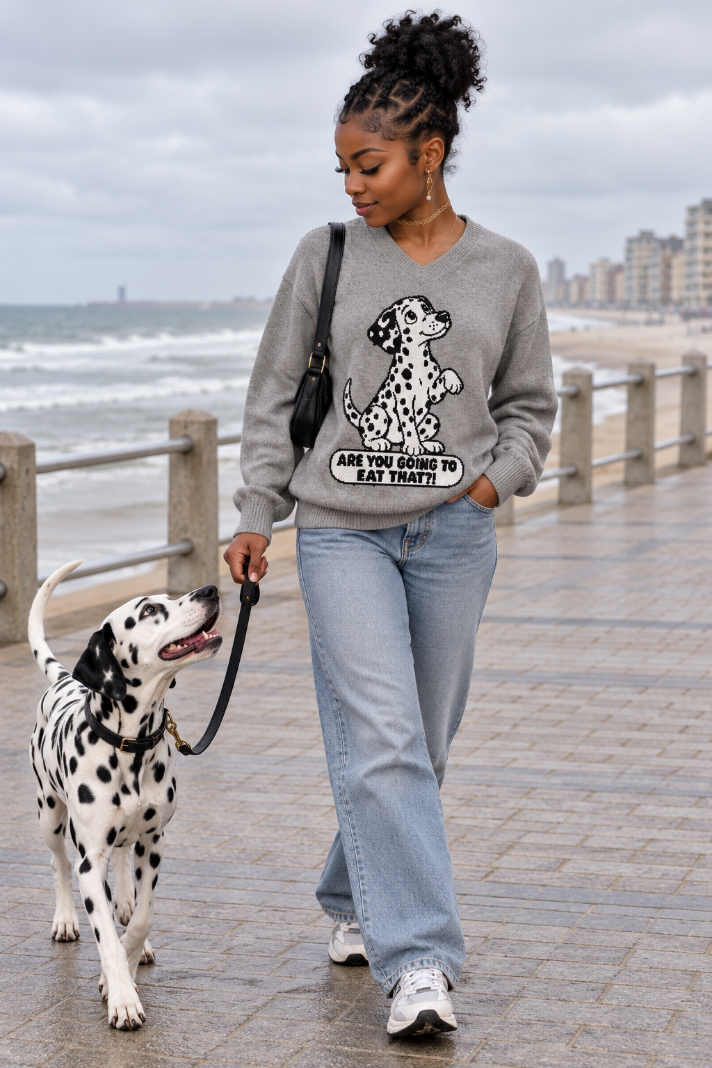 Are You Going to Eat That?! Dalmatian Knitted V-Neck Jumper – Grey, Unisex