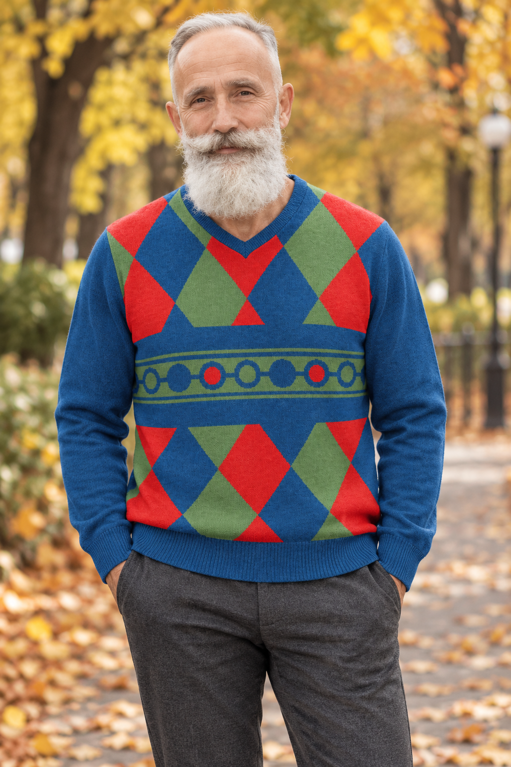 McXine Harlequin V-Neck Knitted Pullover - Unisex Knitted V Neck Classic Fit Sweater