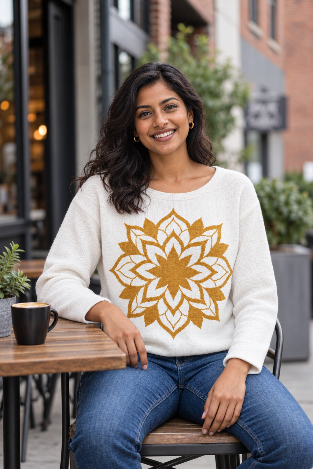 Gold Mandala Knitted Sweater – White Lotus Pullover for Women | McXine - Women’s straight bottom knitted sweater