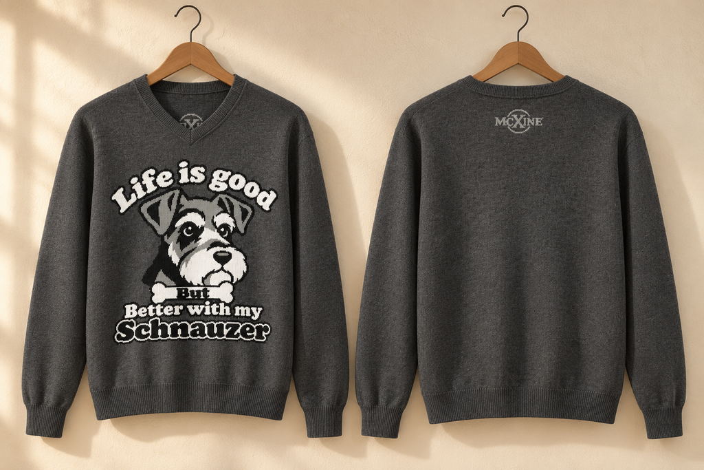 Life Is Good, But Better With My Schnauzer Knitted V-Neck Jumper – Charcoal, Unisex