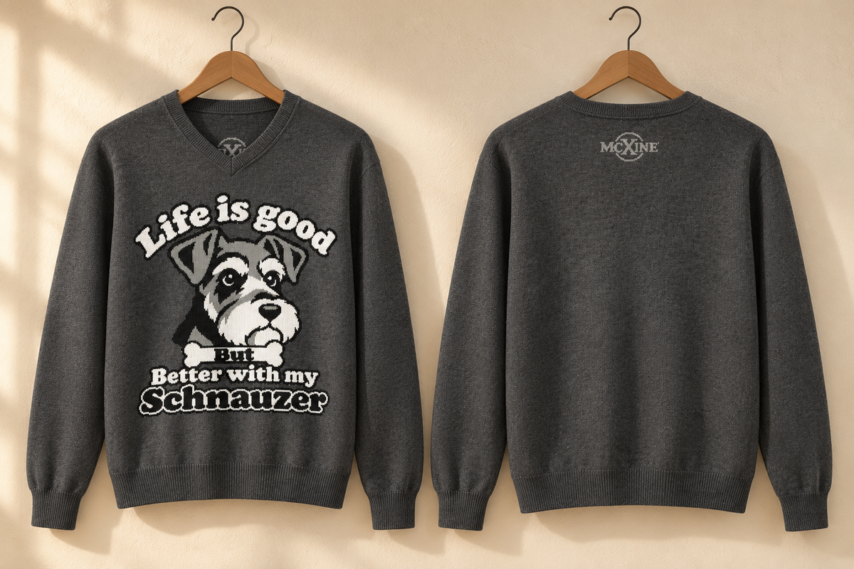 Life Is Good, But Better With My Schnauzer Knitted V-Neck Jumper – Charcoal, Unisex