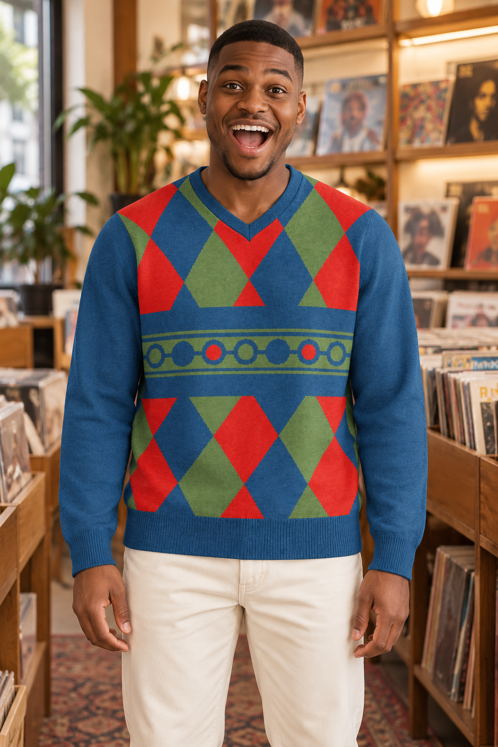 McXine Harlequin V-Neck Knitted Pullover - Unisex Knitted V Neck Classic Fit Sweater