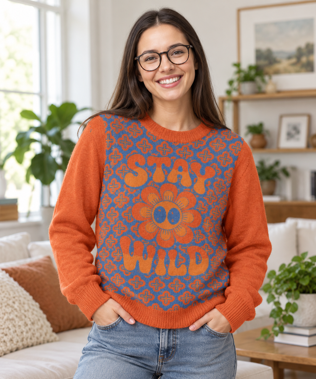 Stay Wild retro flower knitted jumper styled lifestyle photo