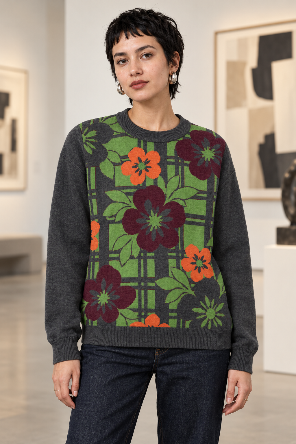 Floral Trellis Knitted Jumper – Charcoal, Unisex