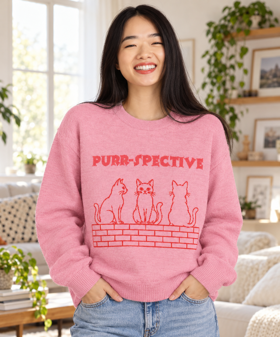 Woman in the pink Purr-spective cat jumper relaxing with two cats on a sofa