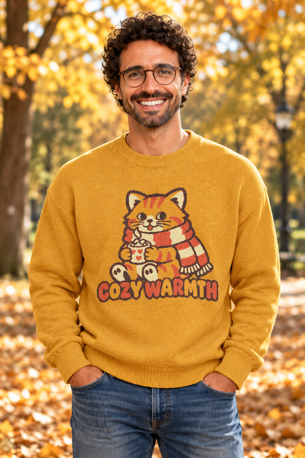Cozy Warmth cat knitted jumper, mustard yellow, unisex – image 5