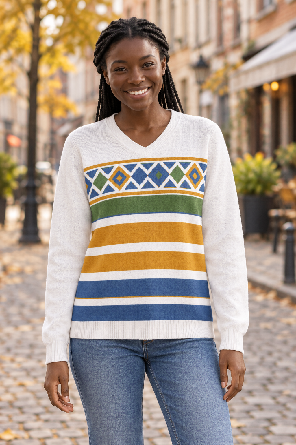 Retro Diamond Stripes Knitted V-Neck Jumper – White, Unisex