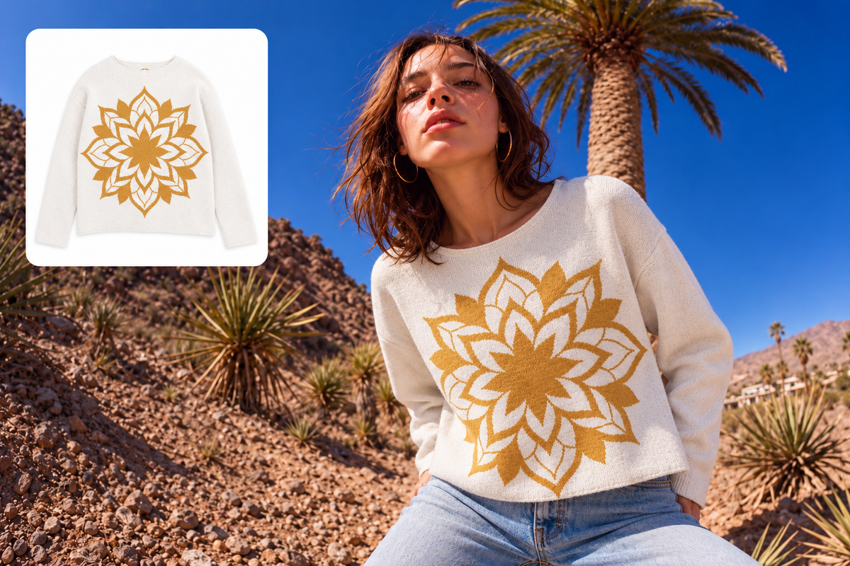 Gold Mandala Knitted Sweater – White Lotus Pullover for Women | McXine - Women’s straight bottom knitted sweater