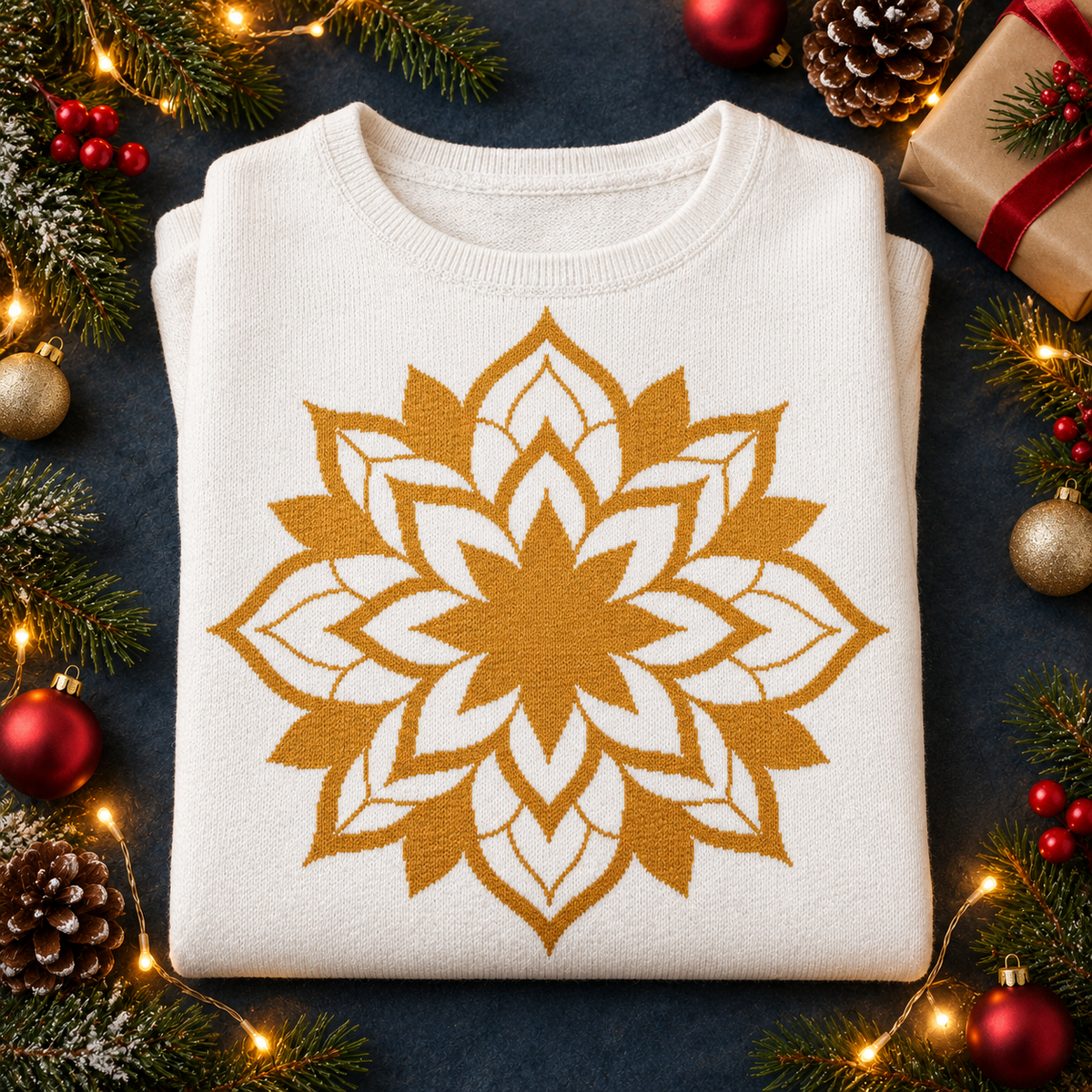 Gold Mandala Knitted Sweater – White Lotus Pullover for Women | McXine - Women’s straight bottom knitted sweater