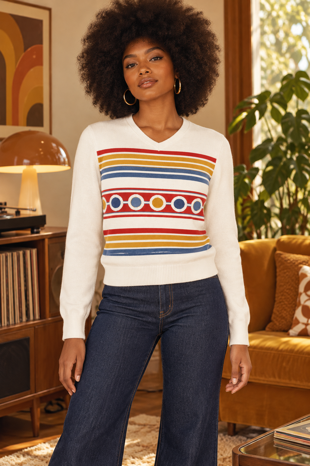 Retro Striped Knitted V-Neck Jumper – Unisex 60s & 70s Style