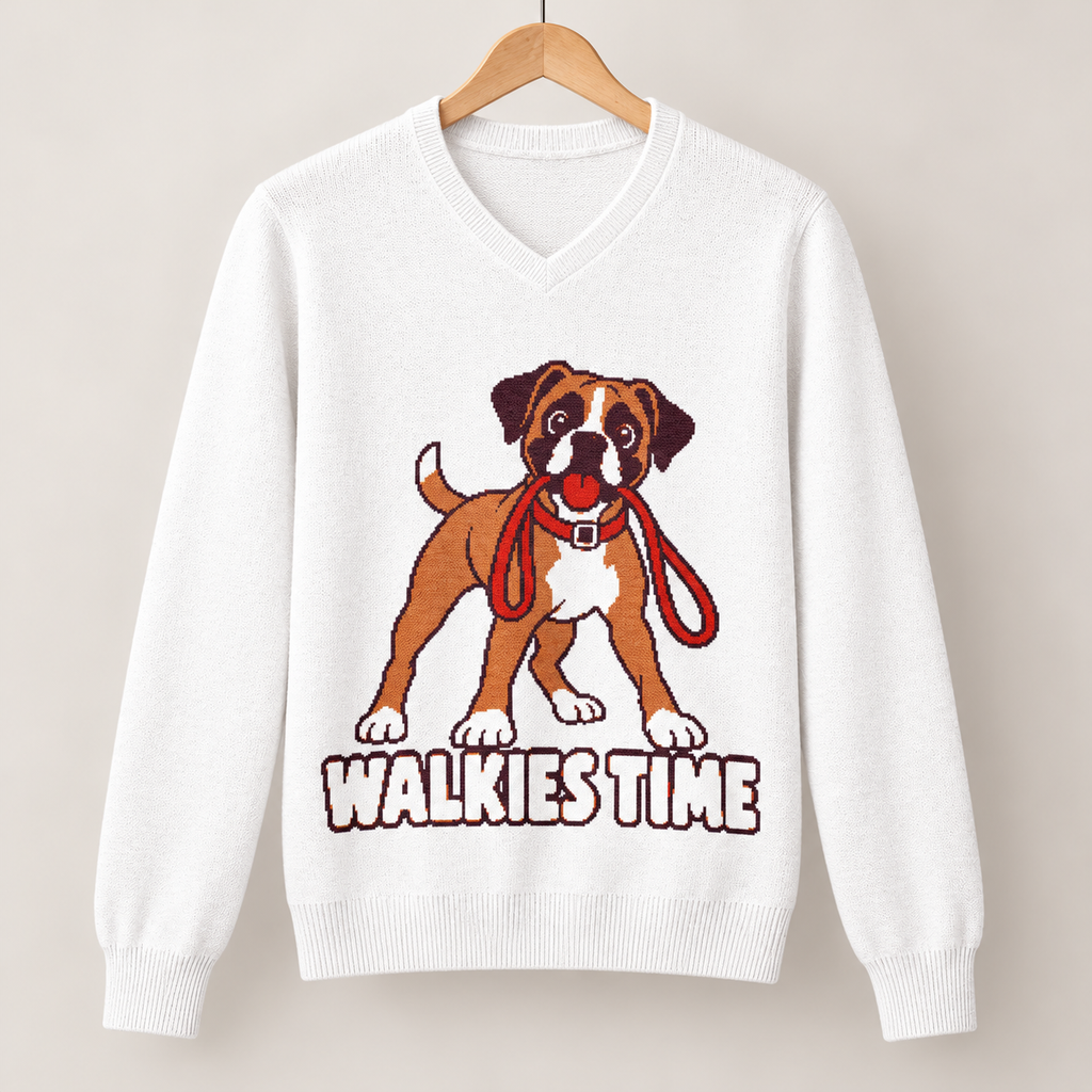 Walkies Time Boxer Dog Knitted V-Neck Jumper – White, Unisex