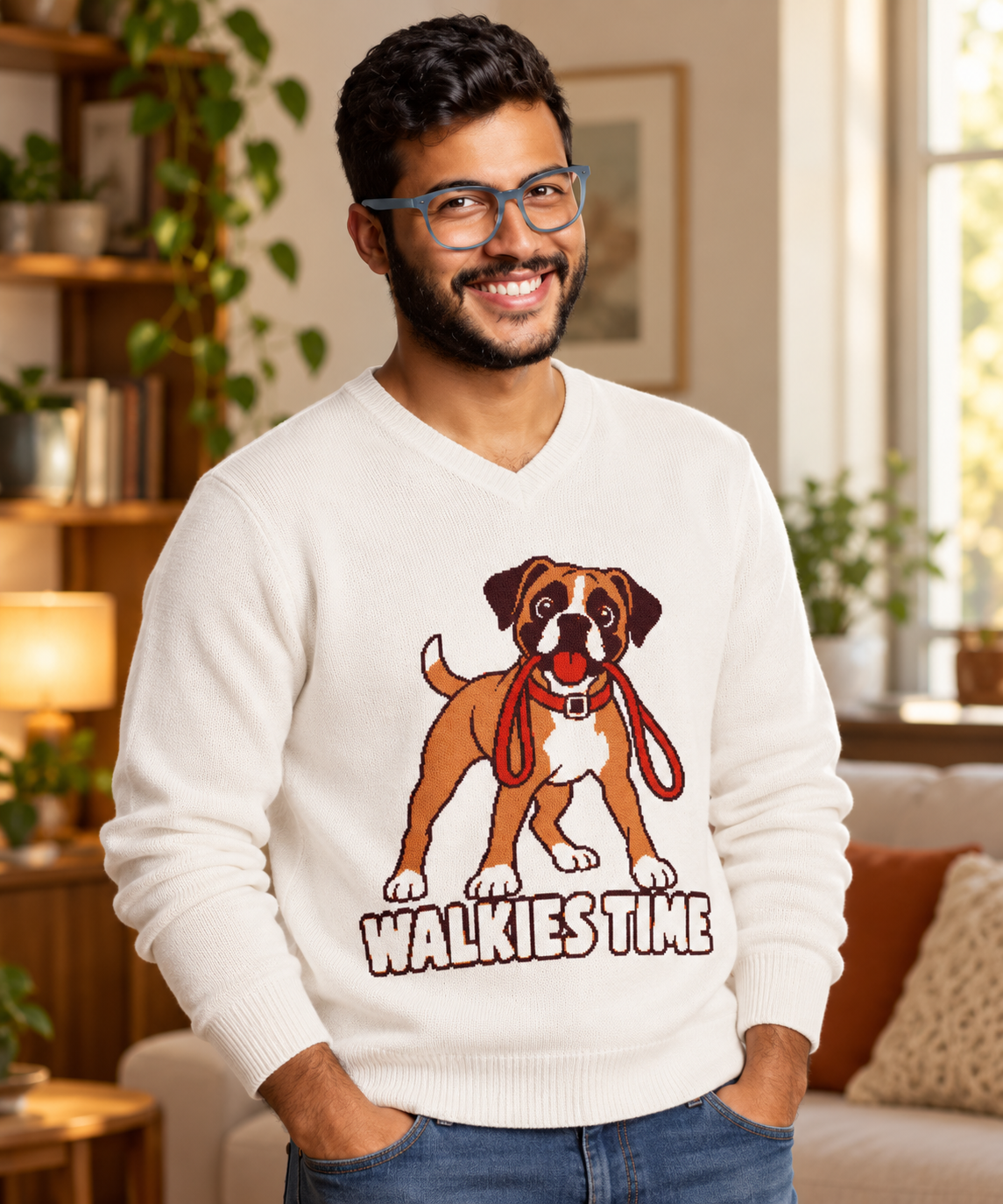 Walkies Time Boxer Dog Knitted V-Neck Jumper – White, Unisex
