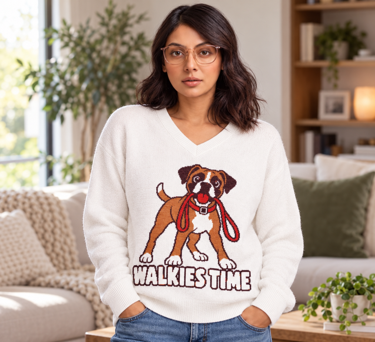 Walkies Time Boxer Dog Knitted V-Neck Jumper – White, Unisex
