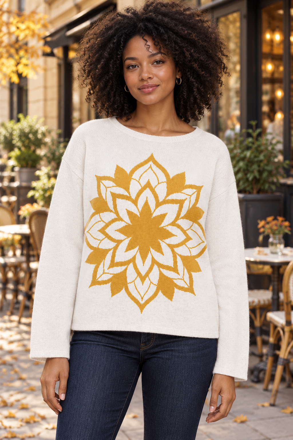 Gold Mandala Knitted Sweater – White Lotus Pullover for Women | McXine - Women’s straight bottom knitted sweater