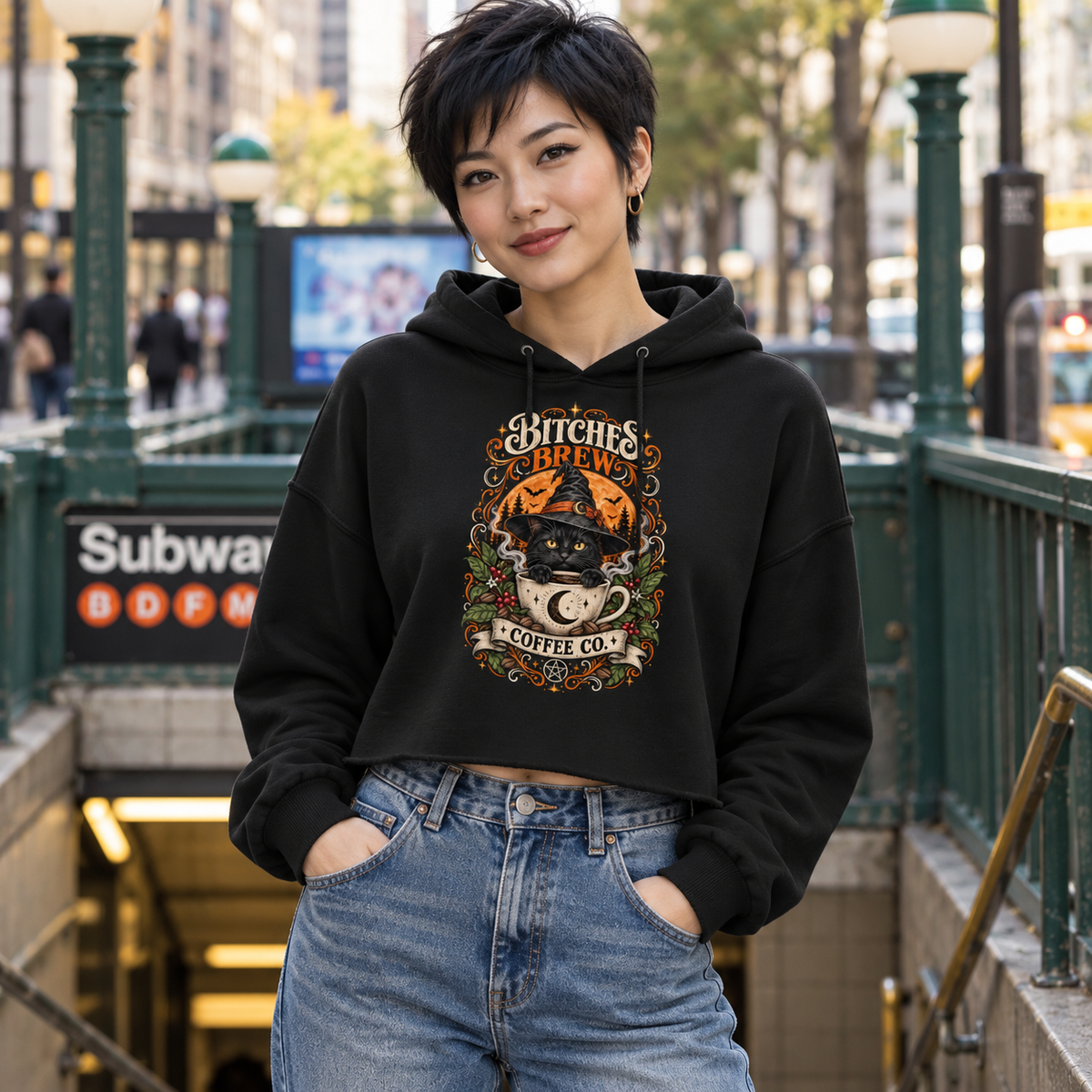Bitches Brew Cropped Hoodie – Witch Cat & Coffee Design | McXine - Crop Hoodie