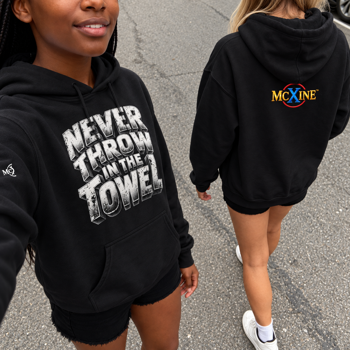 Never Throw in the Towel Unisex Hoodie – Silver Motivational Graphic
