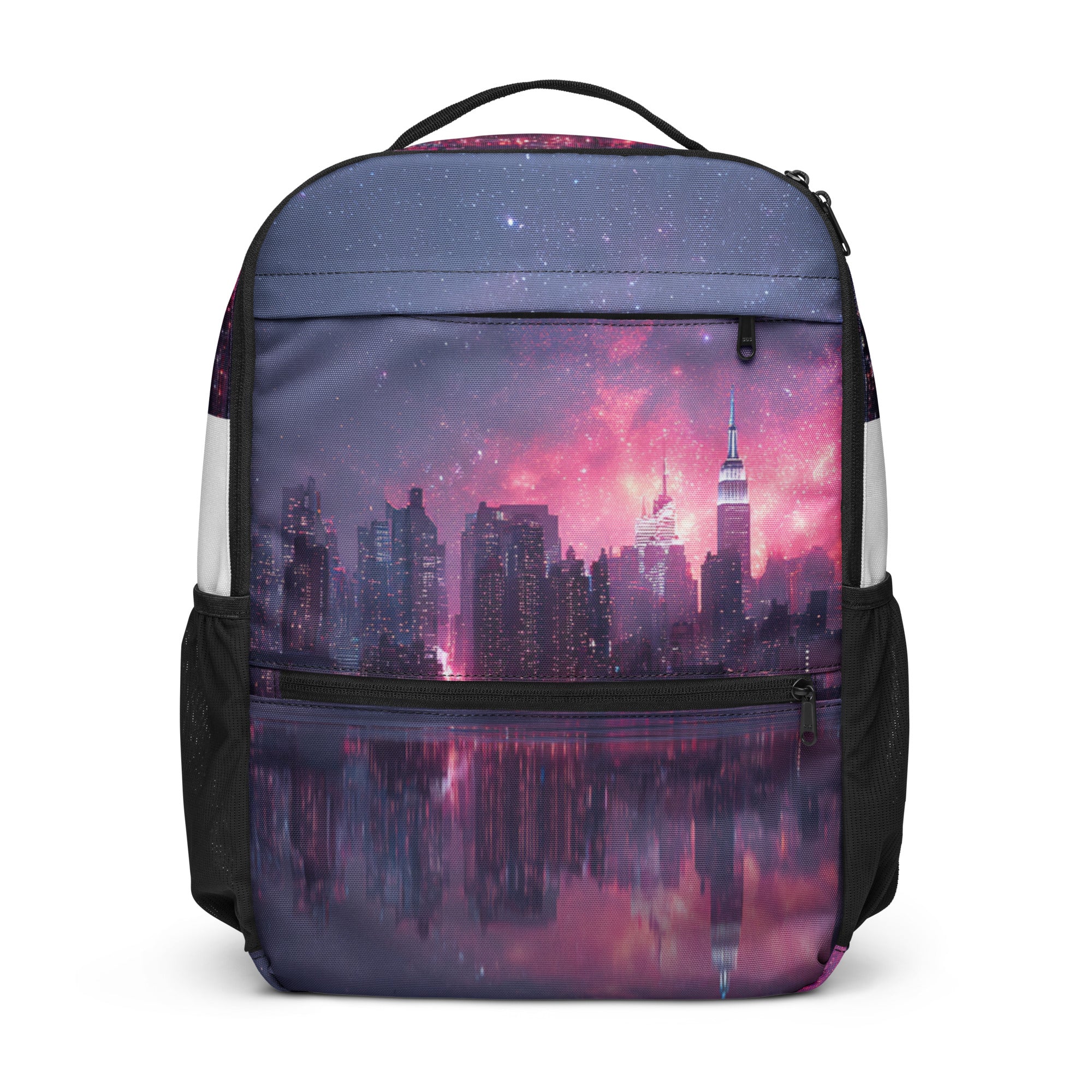 McXine® New York Skyline Backpack – City Nights Edition with purple and pink cosmic sky over NYC skyline