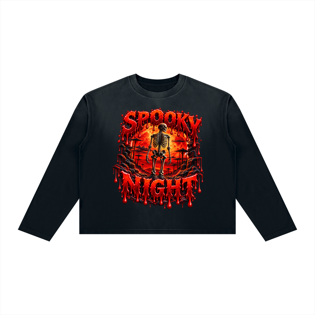 Spooky Night Skeleton Long Sleeve Shirt -  Vintage-Wash Boxy Halloween Tee - Blood Moon Drip Graphic