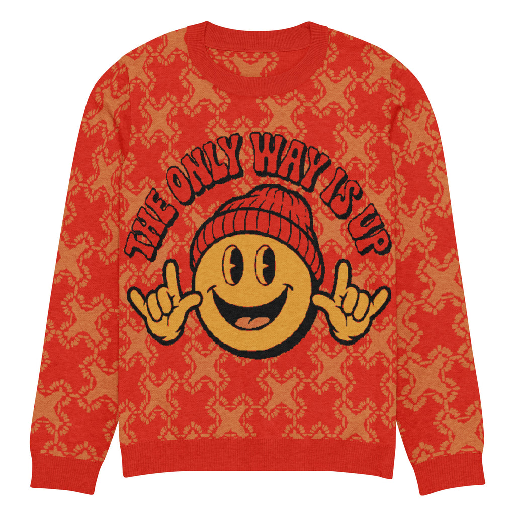 The Only Way Is Up Knitted Jumper – Red & Orange Smiley, Unisex