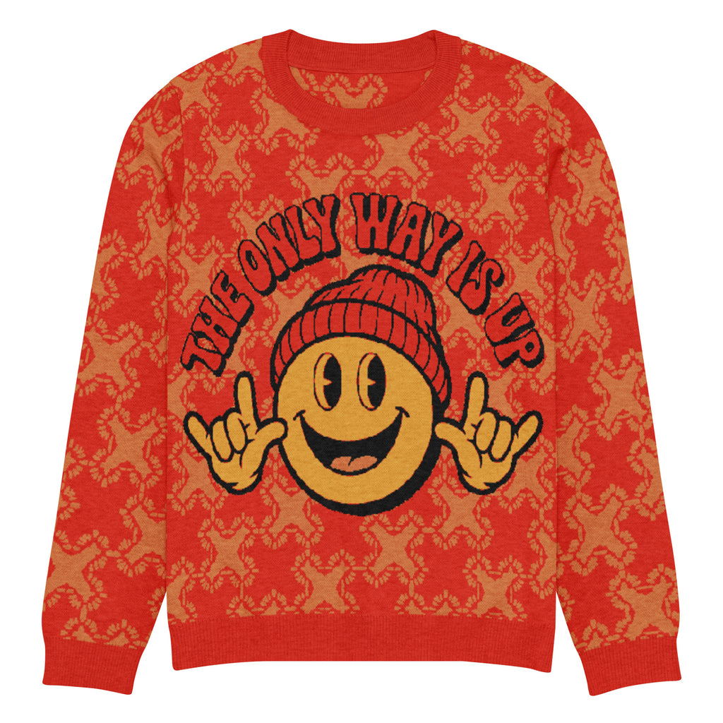 The Only Way Is Up Knitted Jumper – Red & Orange Smiley, Unisex