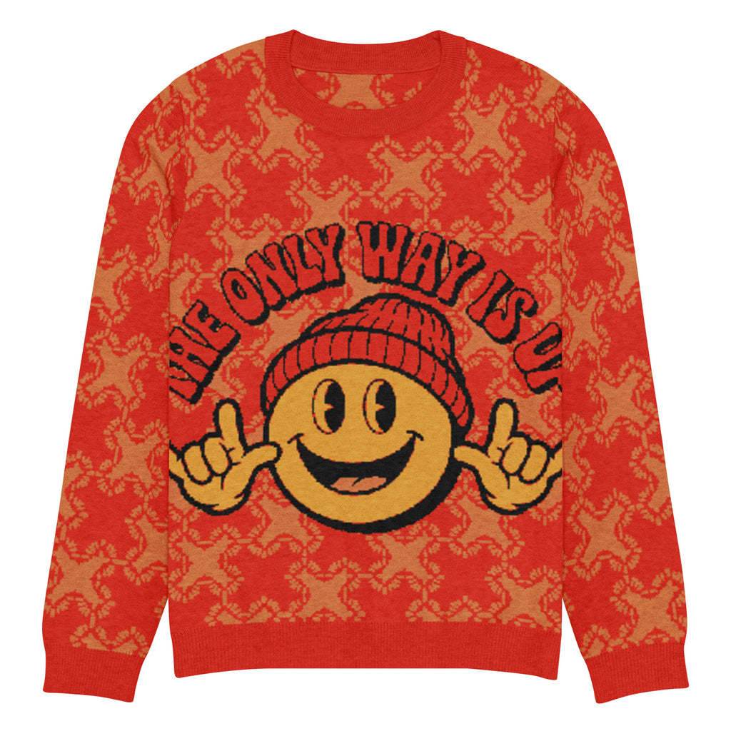 The Only Way Is Up Knitted Jumper – Red & Orange Smiley, Unisex