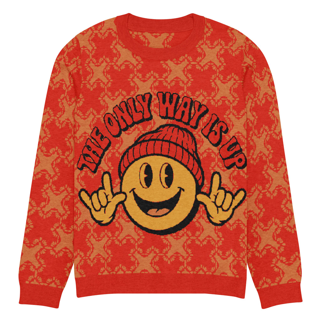 The Only Way Is Up Knitted Jumper – Red & Orange Smiley, Unisex
