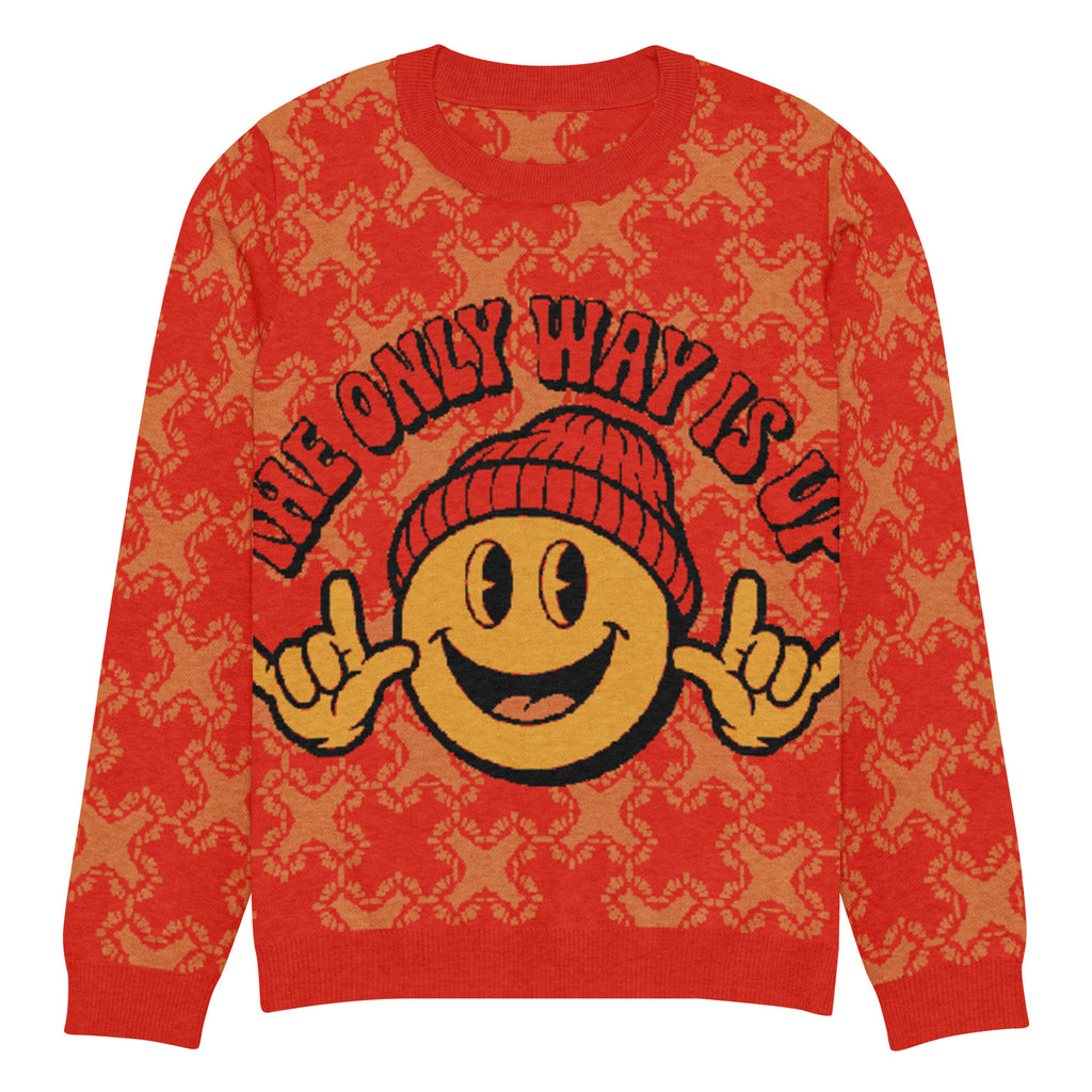 The Only Way Is Up Knitted Jumper – Red & Orange Smiley, Unisex