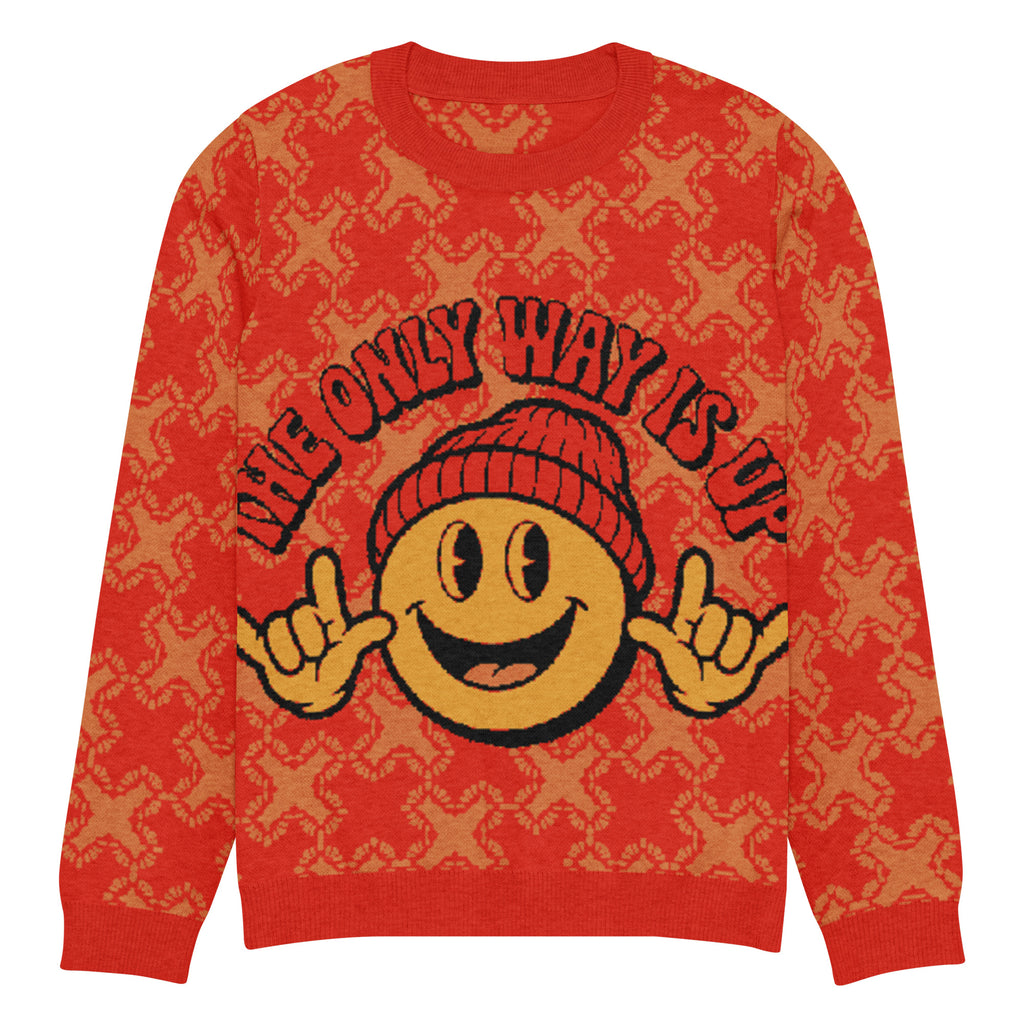 The Only Way Is Up Knitted Jumper – Red & Orange Smiley, Unisex