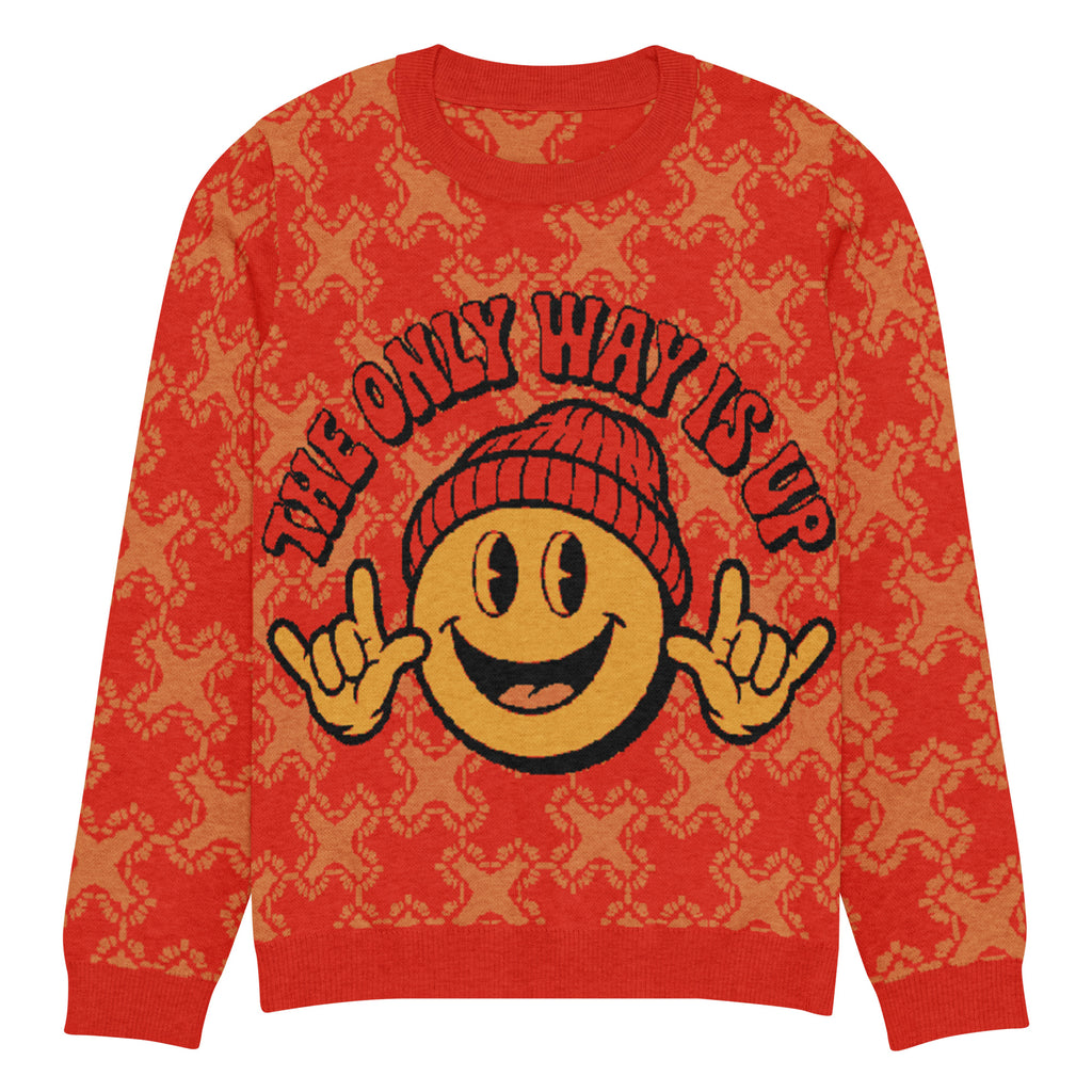 The Only Way Is Up Knitted Jumper – Red & Orange Smiley, Unisex